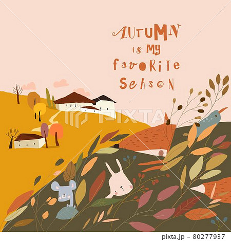 Cartoon Autumn Landscape with Little Village and Animals in Plants 80277937