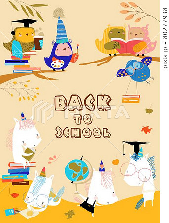 Funny Cartoon Owls with Unicorns preparing Back to School 80277938