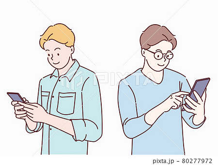 Young man using smartphone. He is chatting through social media. Hand drawn in thin line style, vector illustrations. 80277972