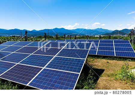 カーボンニュートラル太陽光発電　ソーラーパネルと青空 80278005