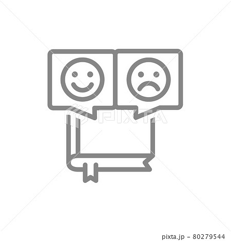 Book with different emotions line icon. Reader feedback, positive and negative emoji symbol Book with different emotions line icon. Reader feedback, positive and negative emoji symbol 80279544