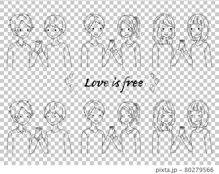 Line art illustration material set of 3 couples of men and women, men and women Line art illustration material set of 3 couples of men and women, men and women 80279566