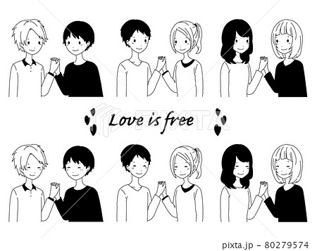 モノクロの男女、男性同士、女性同士の3組のカップルのイラスト素材セット 80279574