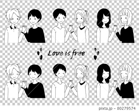 Illustration material set of 3 couples of monochrome men and women, men and women Illustration material set of 3 couples of monochrome men and women, men and women 80279574