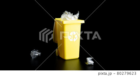 Recycled plastic. Bin container for disposal garbage waste and save environment. Yellow dustbin for recycle paper and glass can trash isolated on black background. Recycled plastic. Bin container for disposal garbage waste and save environment. Yellow dustbin for recycle paper and glass can trash isolated on black background. 80279623