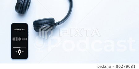 Podcast icon. Audio equipment with microphone, sound headphones, podcast application on mobile smartphone screen. Radio recording sound voice on white background. Broadcast media music concept. Podcast icon. Audio equipment with microphone, sound headphones, podcast application on mobile smartphone screen. Radio recording sound voice on white background. Broadcast media music concept. 80279631