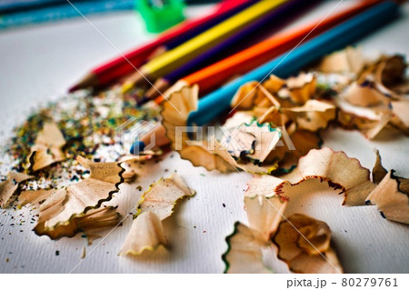 Several colored pencils and school sharpener, with fine points Several colored pencils and school sharpener, with fine points 80279761