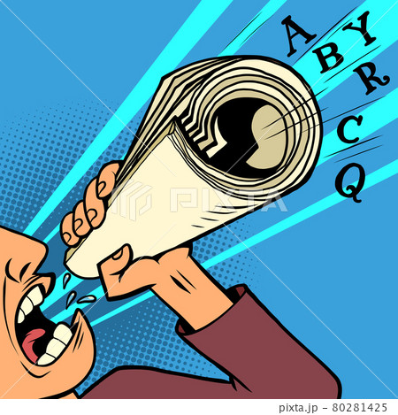 An angry man shouts through a newspaper mouthpiece. Freedom of the press An angry man shouts through a newspaper mouthpiece. Freedom of the press 80281425