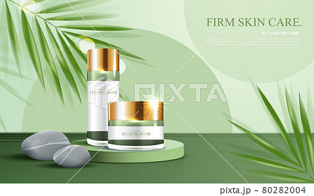 Cosmetics spa or skin care product ads with bottle, banner ad for beauty products , leaf and stone on green background glittering light effect. vector design Cosmetics spa or skin care product ads with bottle, banner ad for beauty products , leaf and stone on green background glittering light effect. vector design 80282004