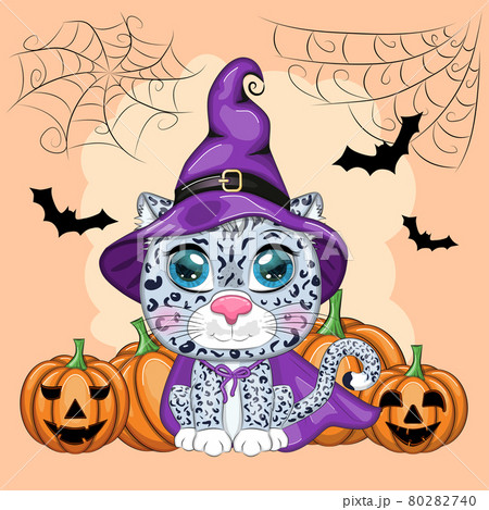 Cartoon snow leopard, leopard, akbars, irbis in purple witch hat and cloak. Halloween Cartoon snow leopard, leopard, akbars, irbis in purple witch hat and cloak. Halloween 80282740