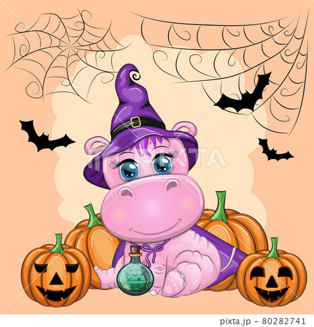Cartoon hippo with a potion in a purple witch hat and cloak on the background of a castle, pumpkin, moon. Halloween Cartoon hippo with a potion in a purple witch hat and cloak on the background of a castle, pumpkin, moon. Halloween 80282741