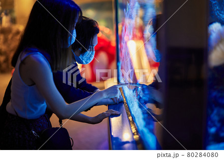 水族館デートで魚や生き物を観覧する若いカップル 80284080