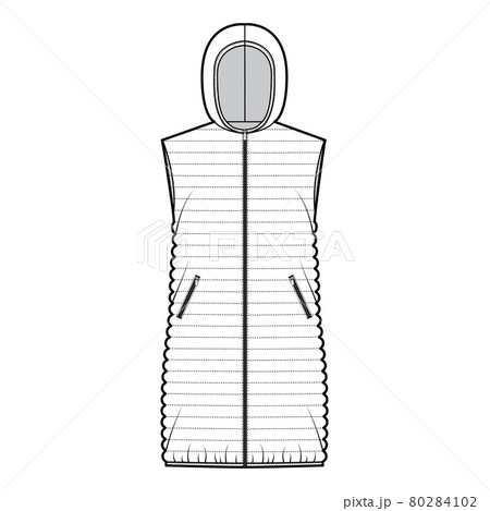 Down vest puffer waistcoat technical fashion illustration with sleeveless, hoody collar, loose fit, narrow quilting 80284102