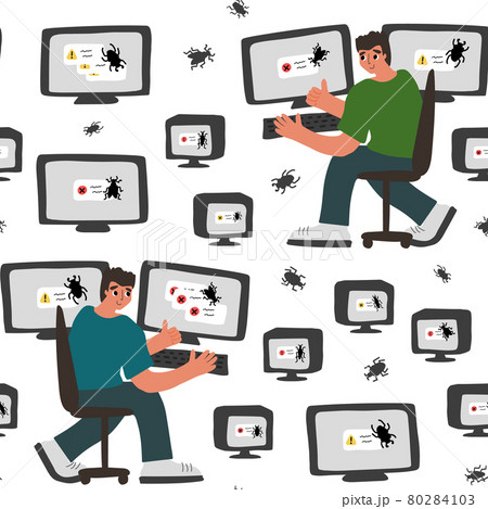 Seamless pattern of two people near monitors with bug on the screen. Vector illustration contains Quality Assurance engineers or developers from IT project. Work from home or open space room 80284103