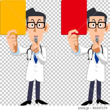 イエローカードとレッドカードを見せる医師の男性のセット 80287274