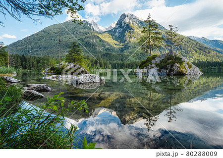 Hintersee Lake with reflection of Watzmann mountain peaks. Ramsau Berchtesgaden Bavaria, Germany, Europe Hintersee Lake with reflection of Watzmann mountain peaks. Ramsau Berchtesgaden Bavaria, Germany, Europe 80288009