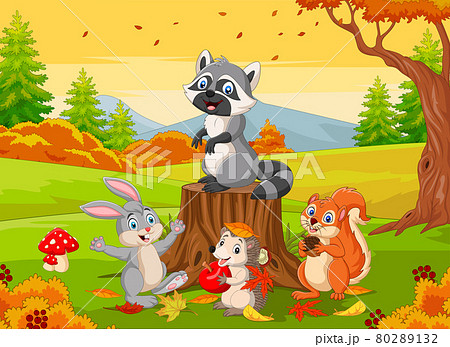 Cartoon wild animals in the autumn forest Cartoon wild animals in the autumn forest 80289132