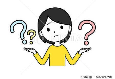 両手にクエスチョンマークを持って困った女性のイラスト素材