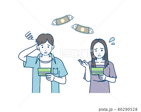 金欠　支払い　出費　通帳を見て困る　若い男女　イラスト素材 80290528