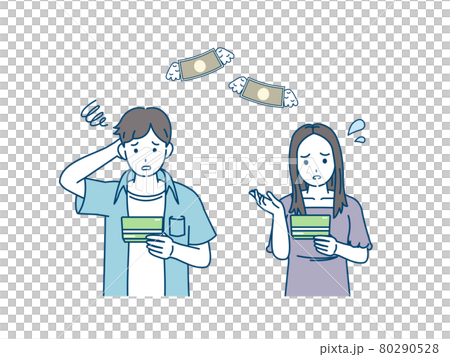 金欠　支払い　出費　通帳を見て困る　若い男女　イラスト素材 80290528