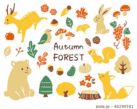 秋の動物と紅葉のイラスト素材
