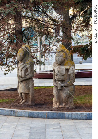 Ancient stone statues of the scythian warriors in Kharkov, Ukraine 80290961