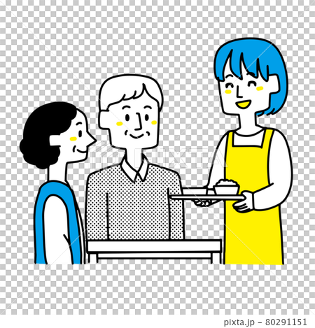 高齢者に食事を準備する女性のイラストのイラスト素材 高齢者に食事を準備する女性のイラストのイラスト素材