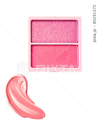 Eye shadow powder or blush makeup palette as flat lay, pink cosmetic smear, eyeshadow and lip gloss isolated on white background, cosmetics flatlay closeup and beauty make-up texture Eye shadow powder or blush makeup palette as flat lay, pink cosmetic smear, eyeshadow and lip gloss isolated on white background, cosmetics flatlay closeup and beauty make-up texture 80291372