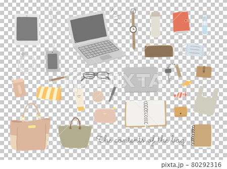 Hand-drawn illustrations of the contents of the bag (no color / outline) 80292316
