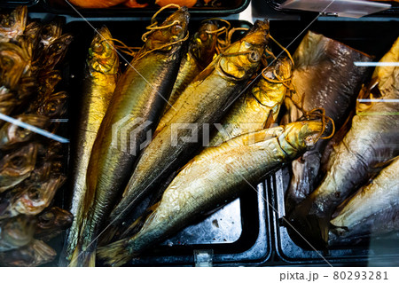 Cold smoked fish on store counter Cold smoked fish on store counter 80293281