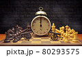 Chess and cannon are facing each other on chessboard with alarm clock in between them and smoke floating in the air and dark brick background. The concept of time in business battles. 80293575