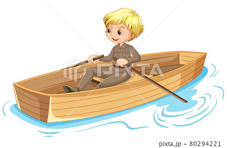 Boy cartoon character rowing the boat isolated 80294221