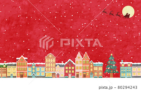 冬のクリスマスの街並みのベクターイラスト背景 風景 フレーム Xmas X Mas 町並み 雪 のイラスト素材