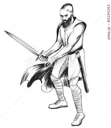 Viking warrior with a sword. Ink black and white drawing Viking warrior with a sword. Ink black and white drawing 80294263