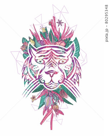Girly tattoo style tropical tiger face portrait 80295348