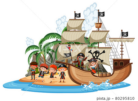 Pirate ship on island with many kids isolated on white background Pirate ship on island with many kids isolated on white background 80295810