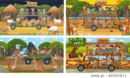 Set of different safari scenes with animals and kids cartoon character Set of different safari scenes with animals and kids cartoon character 80295811
