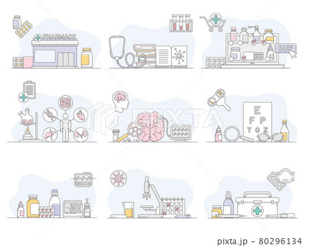 Medicine as Health Care Practice for Prevention and Treatment of Illness Line Vector Set 80296134