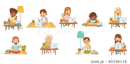 Home Study and Distance Learning with Children In Front of Laptop and Tablet PC Training and Doing Homework Vector Set 80296138