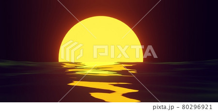Sunset yellow sun reflection on water surface on background night sky. Tropical sea landscape with moon path in orange light of evening sun 3d illustration. Sunrise over ocean or lake, summer seascape Sunset yellow sun reflection on water surface on background night sky. Tropical sea landscape with moon path in orange light of evening sun 3d illustration. Sunrise over ocean or lake, summer seascape 80296921