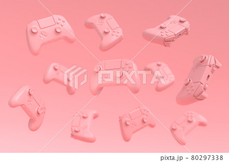Flying gamer joysticks or gamepads on pink background with blur Flying gamer joysticks or gamepads on pink background with blur 80297338
