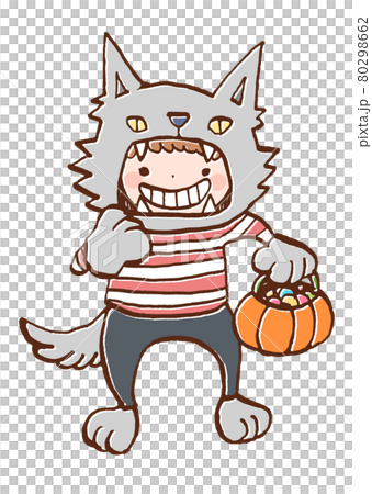 ハロウィンで狼男の仮装をする子どものイラストのイラスト素材