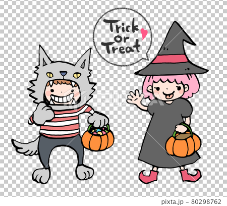 ハロウィンで仮装した女の子と男の子のイラストのイラスト素材