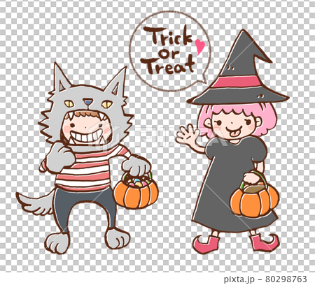 ハロウィンで仮装した女の子と男の子のイラストのイラスト素材