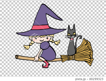 箒に乗った魔女と黒猫のイラスト 80299323