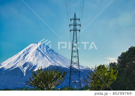 雪山を背景にそびえ立つ送電線 80299769