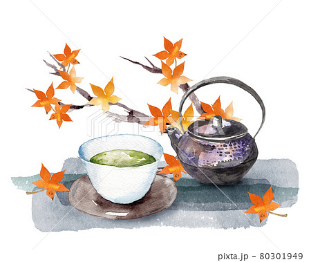 お茶セットと紅葉の水彩画 80301949