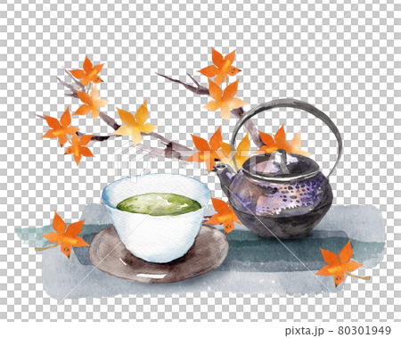 お茶セットと紅葉の水彩画 80301949