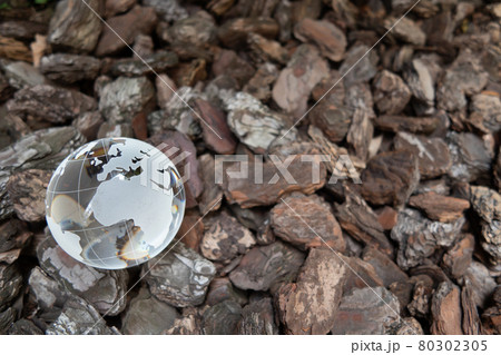 ガラスの地球儀と木片の地面　SDGs　環境保護などのイメージ 80302305