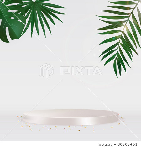 White Podium with golden confetti and palm. Vector Illustration 80303461